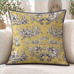 Vintage Yellow French Toile de Jouy Floral Lake Cushion