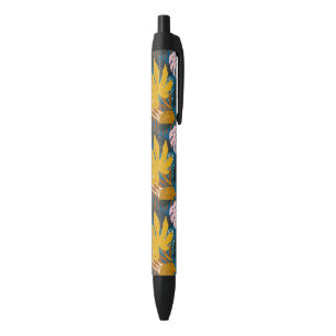 Vintage Yellow Geometric Tropical Palm Leaves Black Ink Pen