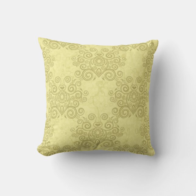 Vintage Yellow Gold Damask Pattern Cushion (Front)