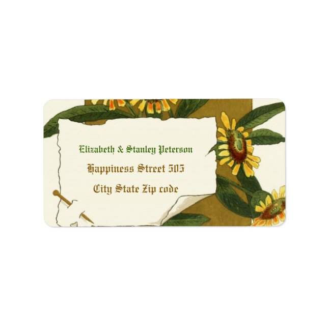 Vintage yellow helenium flowers wedding label (Front)