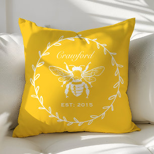 Vintage Yellow Honey Bee Laurel Honeycomb Monogram Cushion