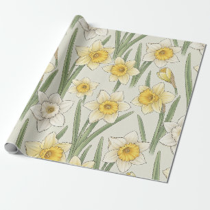 Vintage Yellow Narcissus Flowers on Ivory Wrapping Paper