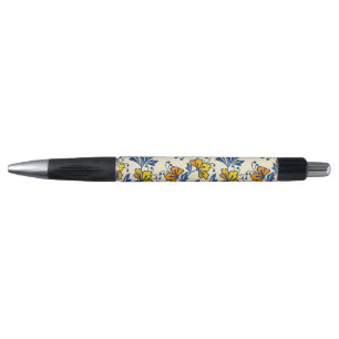Vintage Yellow Orange Folk Floral Blue Leaf