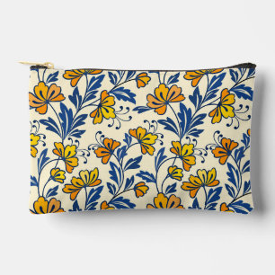 Vintage Yellow Orange Folk Floral Blue Leaf Accessory Pouch