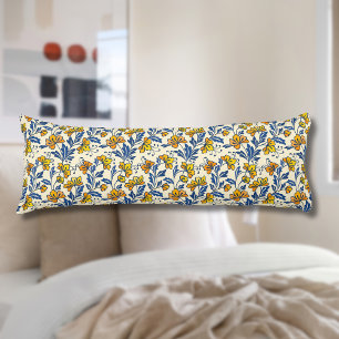 Vintage Yellow Orange Folk Floral Blue Leaf Body Cushion