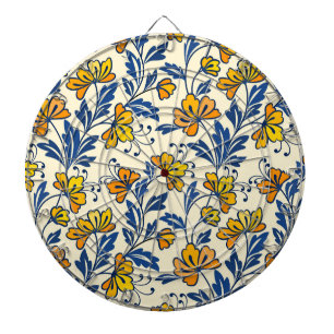 Vintage Yellow Orange Folk Floral Blue Leaf Dartboard