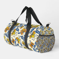 Vintage Yellow Orange Folk Floral Blue Leaf