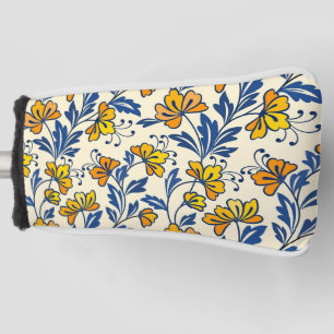 Vintage Yellow Orange Folk Floral Blue Leaf Golf Head Cover