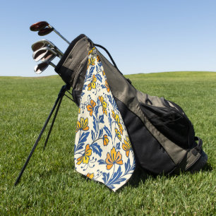 Vintage Yellow Orange Folk Floral Blue Leaf Golf Towel