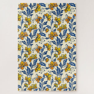 Vintage Yellow Orange Folk Floral Blue Leaf Jigsaw Puzzle