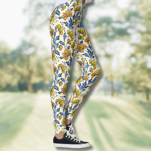 Vintage Yellow Orange Folk Floral Blue Leaf Leggings