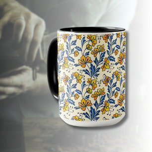 Vintage Yellow Orange Folk Floral Blue Leaf Mug
