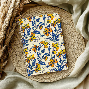 Vintage Yellow Orange Folk Floral Blue Leaf Notebook