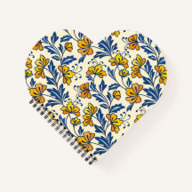 Vintage Yellow Orange Folk Floral Blue Leaf