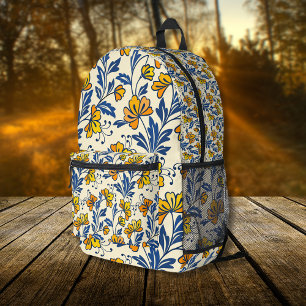 Vintage Yellow Orange Folk Floral Blue Leaf Printed Backpack