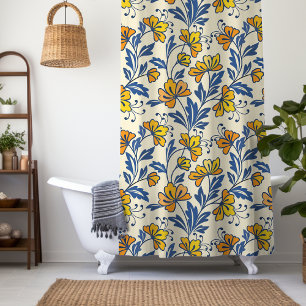 Vintage Yellow Orange Folk Floral Blue Leaf Shower Curtain