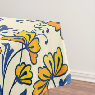 Vintage Yellow Orange Folk Floral Blue Leaf Tablecloth