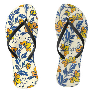 Vintage Yellow Orange Folk Floral Blue Leaf Thongs
