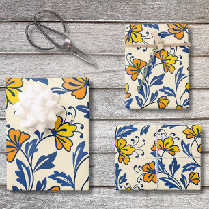 Vintage Yellow Orange Folk Floral Blue Leaf Wrapping Paper Sheet