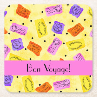 Vintage Yellow Passport Stamps Bon Voyage Square Paper Coaster