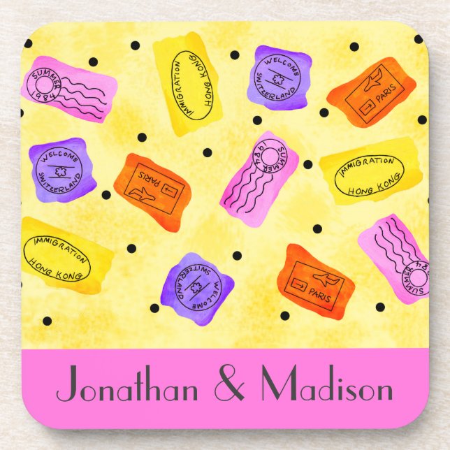 Vintage Yellow Passport Stamps Name Personalised Coaster (Front)