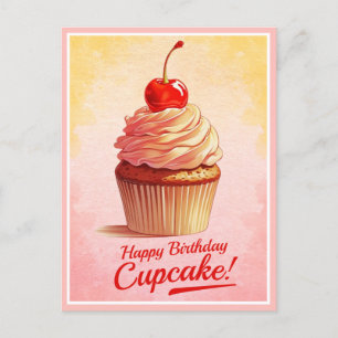 Vintage Yellow Pink Cherry Cupcake Birthday Card