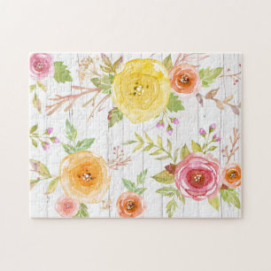Vintage yellow pink watercolor floral rustic wood jigsaw puzzle
