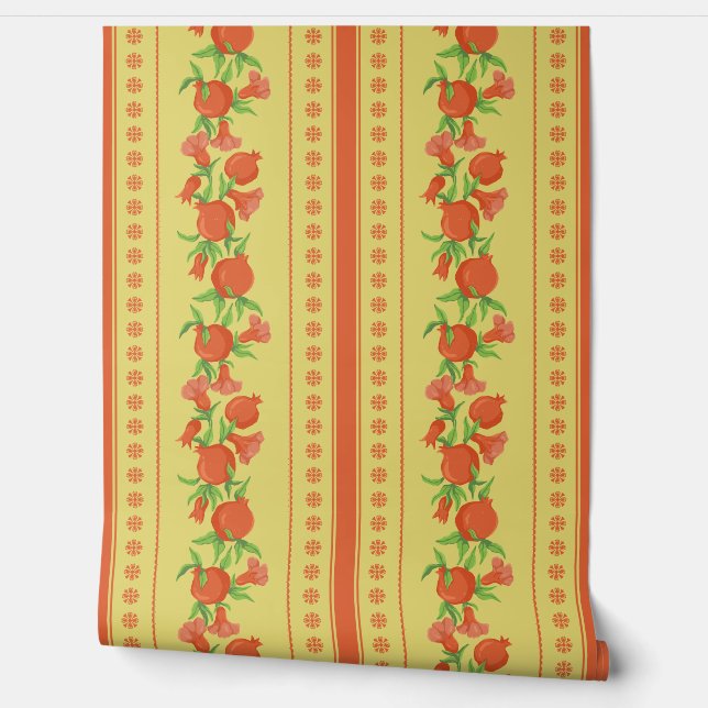 Vintage Yellow Red Green Pomegranate Pattern Wallpaper (Unrolling)