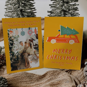 Vintage Yellow Red Truck Tree Funky Christmas Holiday Card