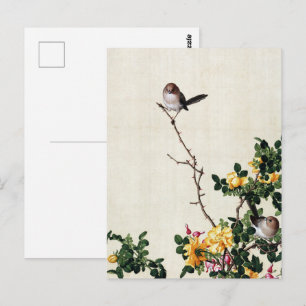 Vintage Yellow Rose & Birds Chinoiserie Art Postcard