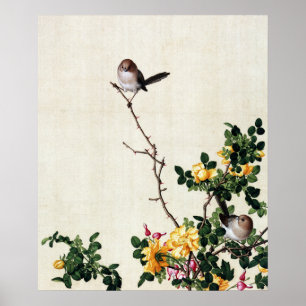 Vintage Yellow Rose & Birds Chinoiserie Art Poster