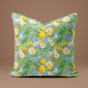 Vintage Yellow Rose Pillow in Sky Blue