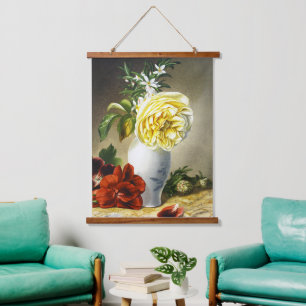 Vintage Yellow Rose Red Pansy Floral Vase Art Hanging Tapestry
