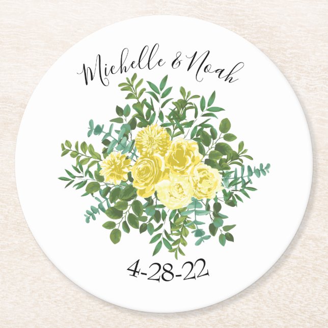 Vintage Yellow Rose Wedding Round Paper Coaster (Front)