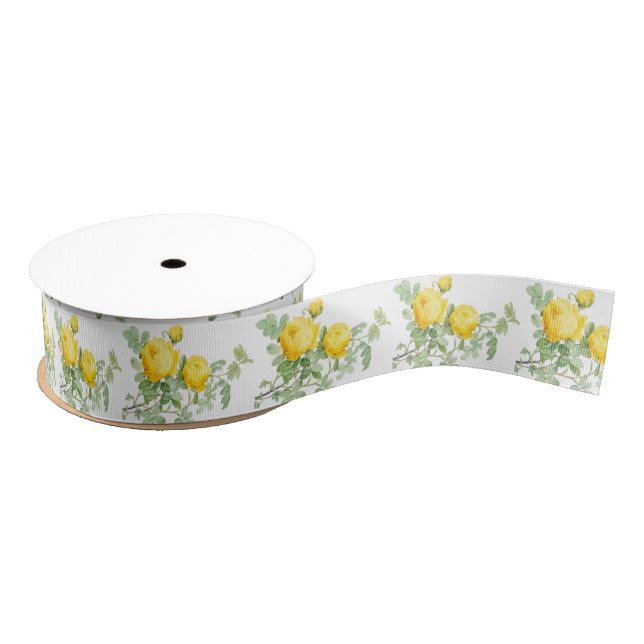 Vintage Yellow Roses Elegant Pattern Grosgrain Ribbon (Spool)