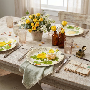 vintage yellow roses paper plate