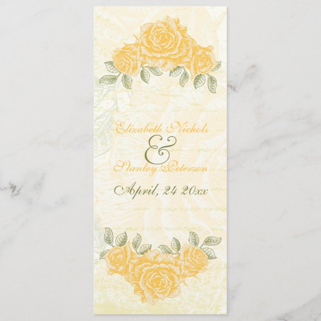 Vintage yellow roses wedding ceremony program card (Front)