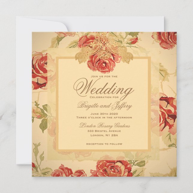 Vintage yellow rustic red rose custom wedding invitation (Front)