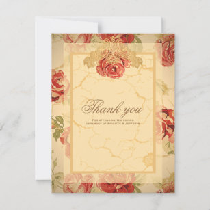 Vintage yellow rustic red rose custom wedding thank you card