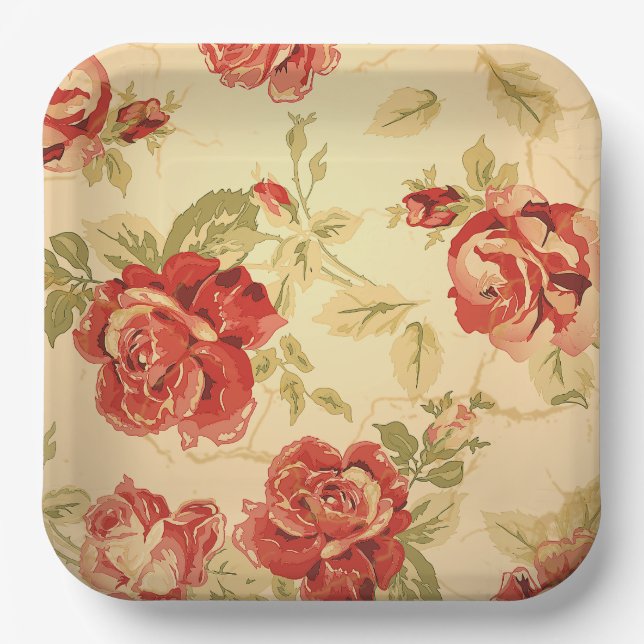 Vintage yellow rustic red rose wedding paper plate (Front)