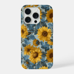 Vintage Yellow Sunflower Blue Floral Pattern iPhone 15 Pro Case
