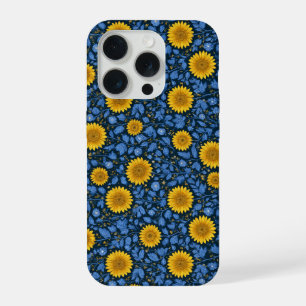Vintage Yellow Sunflower Blue Floral Pattern iPhone 15 Pro Case
