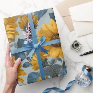 Vintage Yellow Sunflower Blue Floral Pattern Wrapping Paper