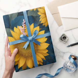 Vintage Yellow Sunflower Blue Floral Pattern Wrapping Paper