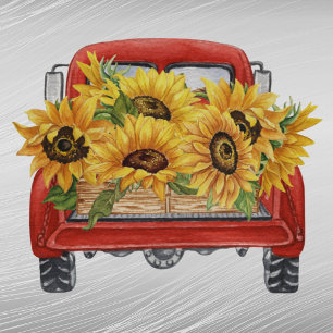 Vintage Yellow Sunflowers Red Truck Watercolor