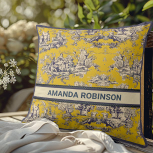 Vintage Yellow Toile Floral Lake Monogram Cushion
