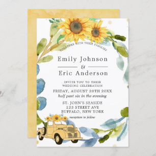 Vintage Yellow Truck Sunflowers Blue Wedding Invit Invitation
