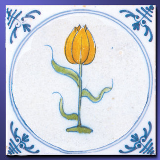 Vintage Yellow Tulip Blue White Delft  Ceramic Tile