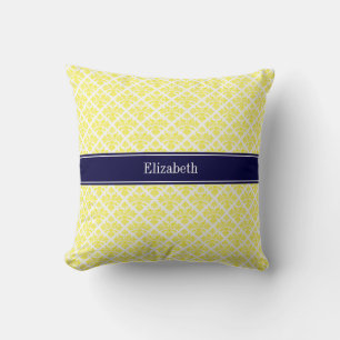Vintage Yellow Wht Damask #3 Navy Name Monogram Cushion