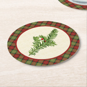 Vintage Yew Rustic Christmas Plaid Round Paper Coaster
